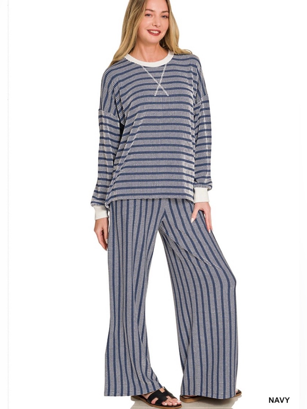 Zenana Outfitters Navy and White Wide-Leg Lounge Set